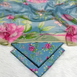 Blue Floral Printed Unstitched Suit Set