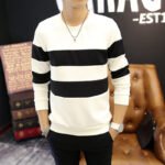 Men Striped Long Sleeve T-Shirt White Black Round Neck