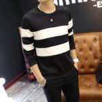 Men Striped Long Sleeve T-Shirt White Black Round Neck - Image 2