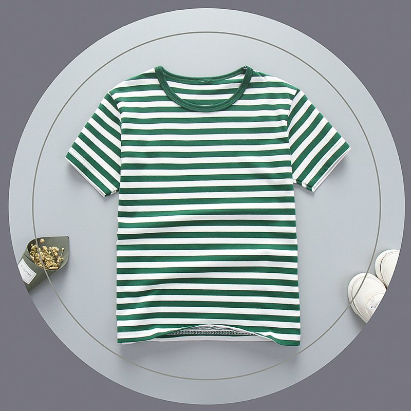 MZCHYHAM8953-media-1 Children's Green Striped Cotton T-Shirt Summer - Image 1