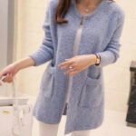 Women Light Blue Mohair Mid-Length Cardigan