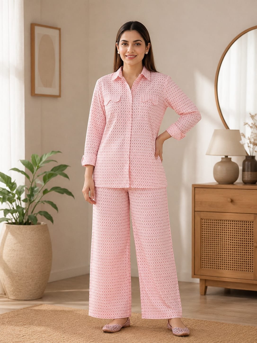 WhatsApp Image 2026-08-26 at 12.27.35 PM (1) Pastel Pink Mini-Dot Printed Loungewear Set - Image 1